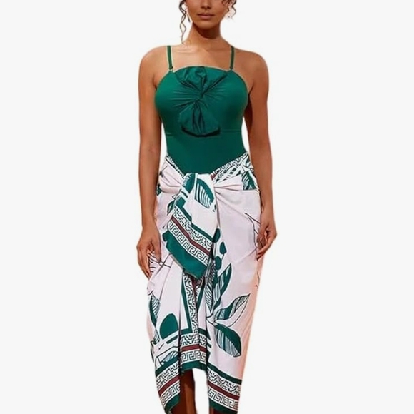 unbranded Other - Oceanlass Cover Up Swim Wrap Skirt Green White Geometric Patterned Skirt Floral